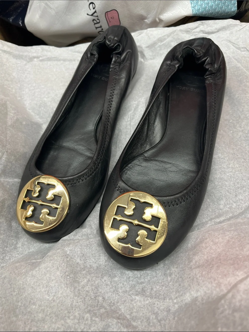 Tory Burch Black Leather Ballet Flats with Gold Logo Discs